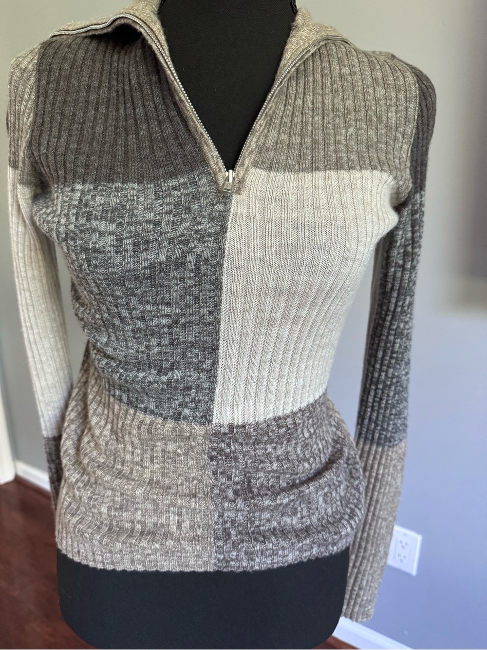 Autumn Cashmere Neutral Patchwork Ribbed Zip Turtleneck Sweater